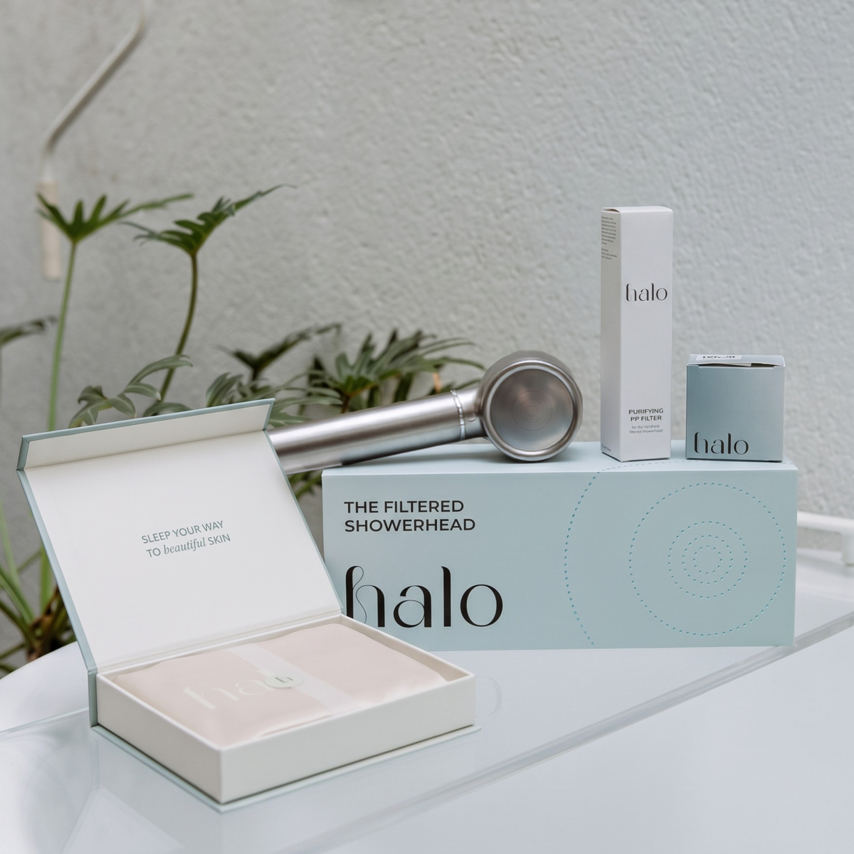 Summer Reset Bundle — Brushed Chrome showerhead, filter pair, and Champagne bamboo pillowcase